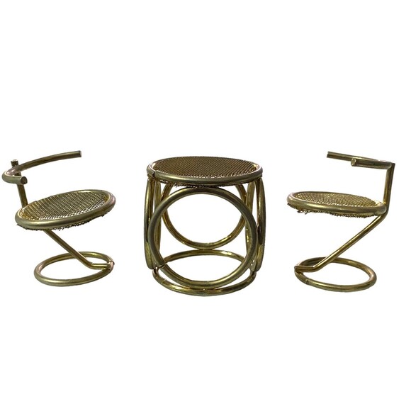 Vintage Brass Dollhouse Furniture 1 Table 2 Chairs Mesh Gold Furniture - Picture 2 of 8